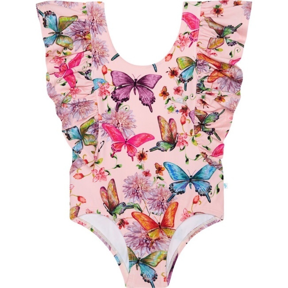Posh Peanut Watercolor Butterfly One Piece Ruffle Sleeve Swimsuit toddler girl